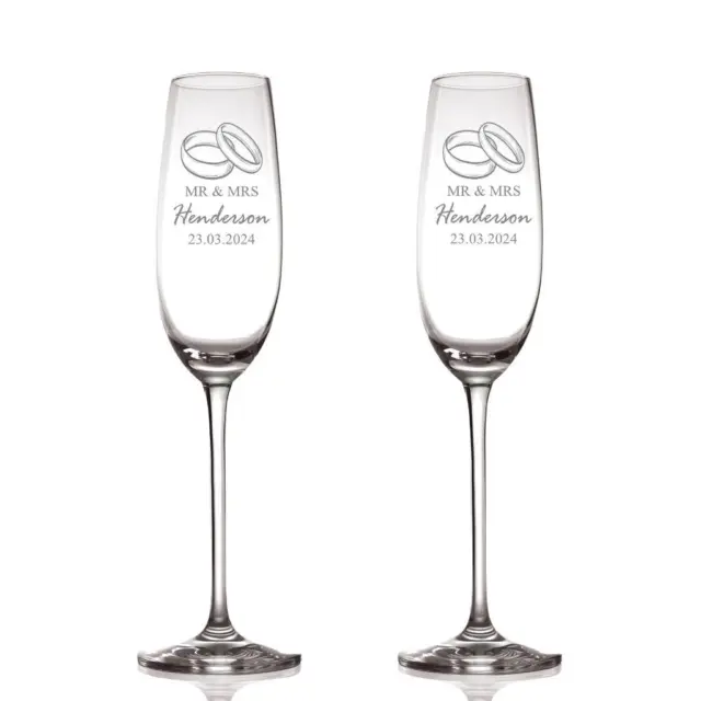 Personalised Engraved Wedding Champagne Glasses Set With Ring Emblem PCF-1