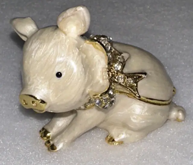 Beautiful Crystal Bejeweled Enamel Little Pig Hinged Trinket/Pill Jewelry Box