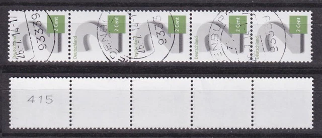 Bund 3042 2-Cent RM 5er Streifen mit breiter ungerader Nummer oben gestempelt