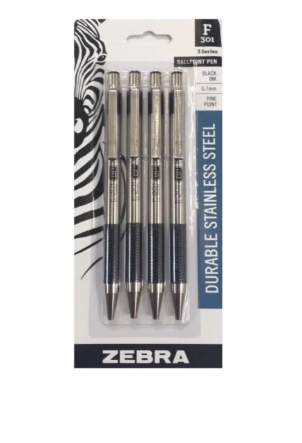 Zebra F 301 Retractable Ballpoint Pen 4 Pack, 3 Series, Black Ink, 0.7mm Fine Pt