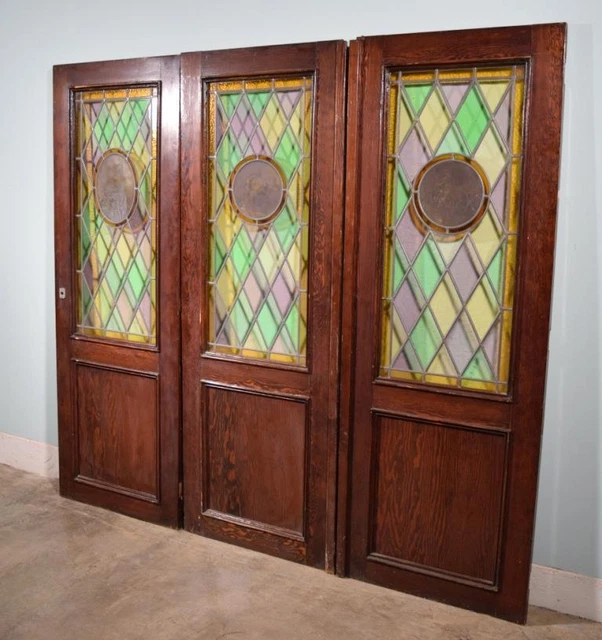 *Set of Three Pine Antique French Stained Glass Doors with Images of Paintings 10