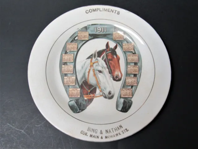 1911 BUFALO POTTERY Calendar Plate -Bing & Nathan Advertising- Horses Horseshoe