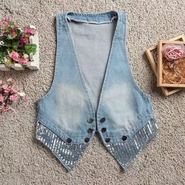 Femme Fille Paillettes Jeans Gilet Brillant Veste sans Manche Haut Décontracté