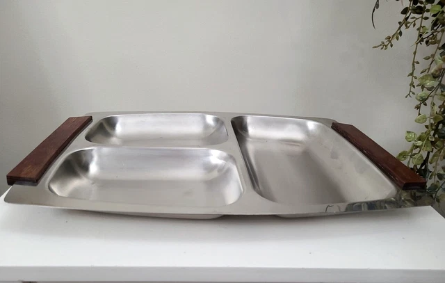 RETRO ROSTFREI STAINLESS Steel Sectioned Food Platter Tray with Timber ...