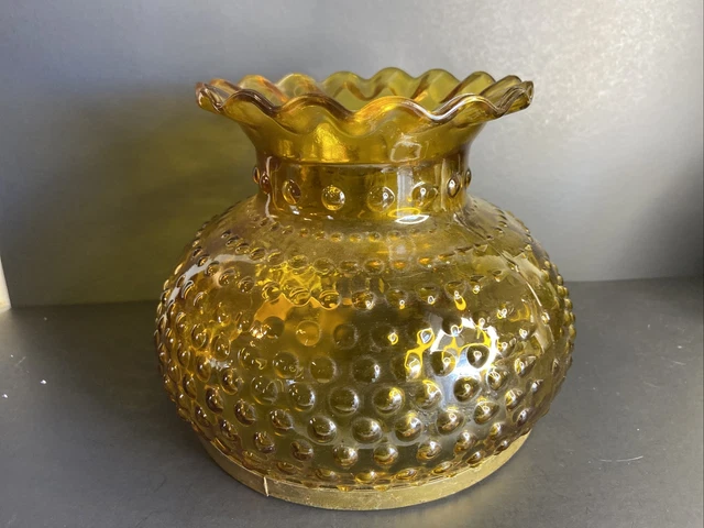 Amber Glass Flashed Ruffled Top Hobnail Hurricane Oil Lamp Shade 7" Fitter