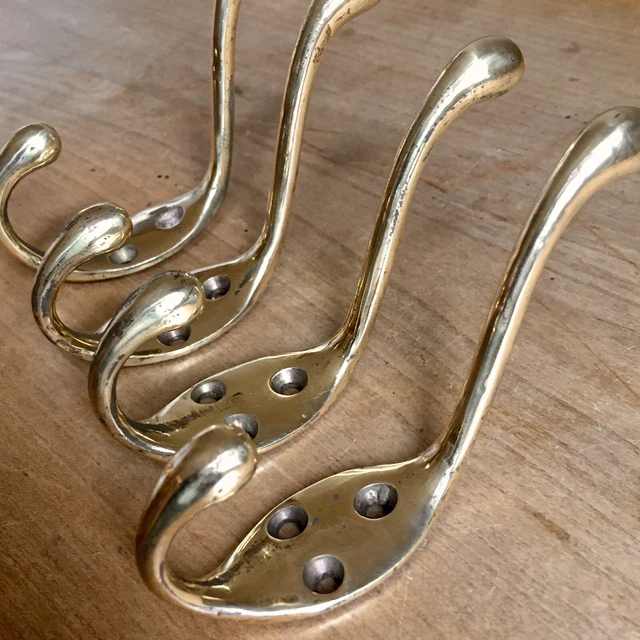 Set Of 4 Antique Brass Double Coat Hooks Victorian Vintage Reclaimed Old 2