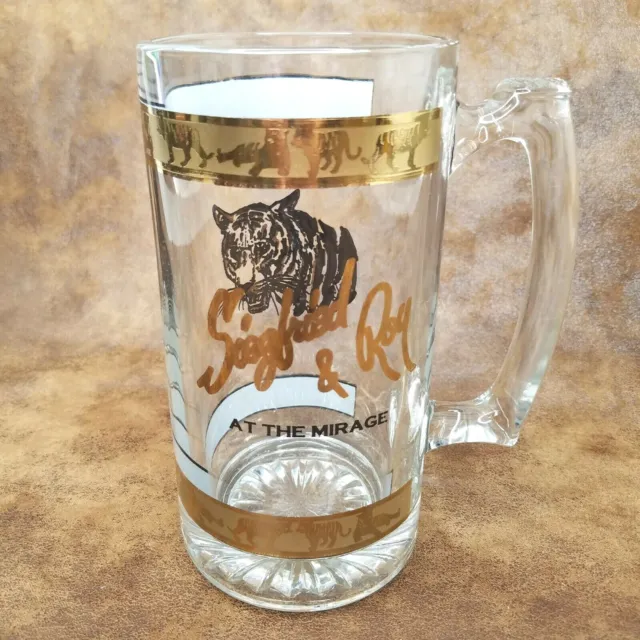 Vintage Siegfried And Roy At The Mirage Large 22 oz Glass Stein Mug Gold Tigers