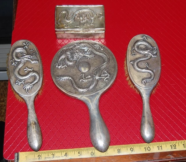 4Pc Asian Silver Dresser Set- Estate