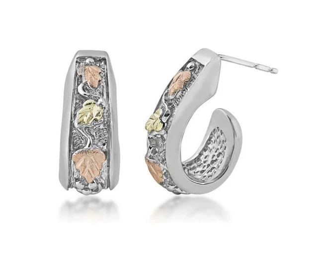 12k black hills gold on sterling silver leaf half hoop post earrings