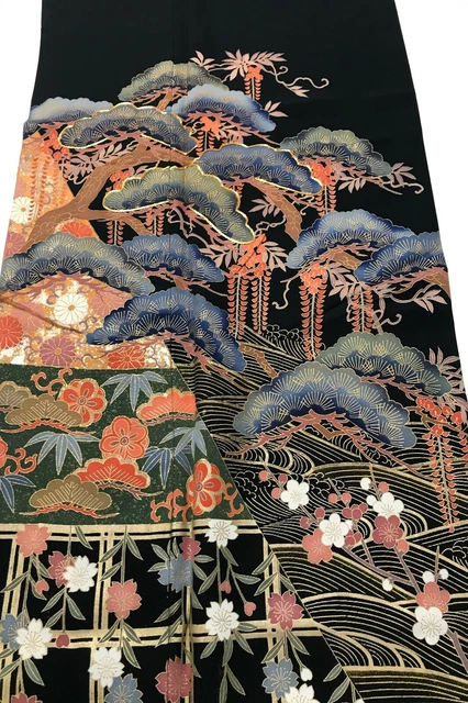 @@Japanese kimono fabric, tomesode black silk/wisteria A702