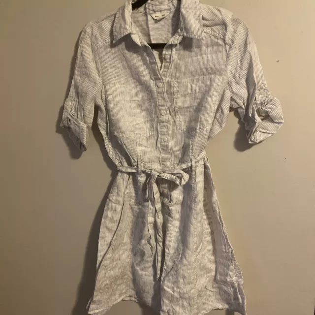 EUC Max Studio Utility Button Shirt Dress Striped White Linen Lined S Small 4 6