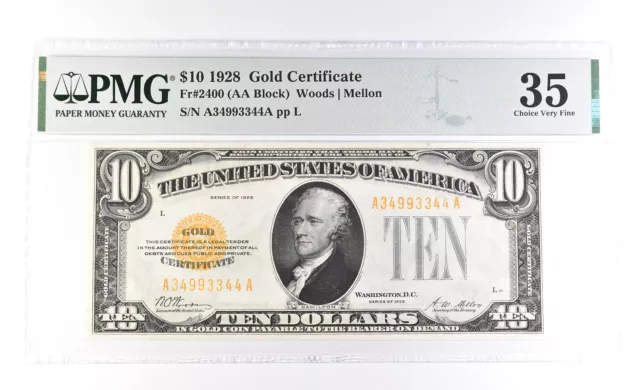 1928 $10 Gold Certificate Fr#2400 35 Choice VF PMG *0954