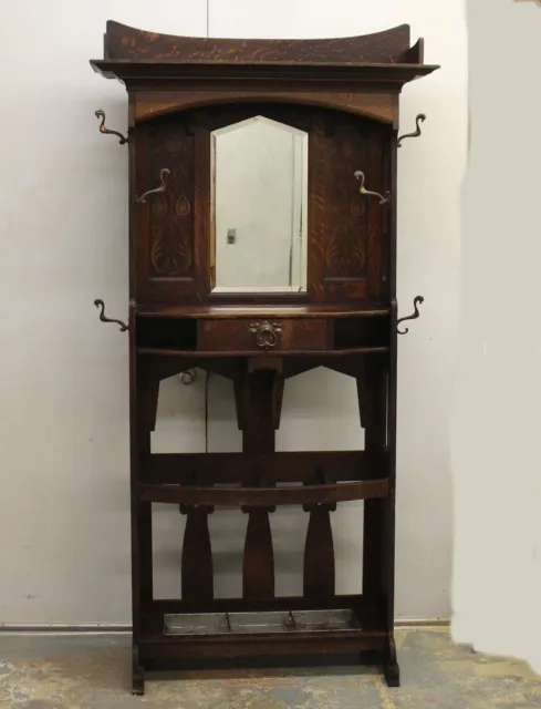 Antique Mission Arts and Crafts Oak Hall tree Stand with Mirror