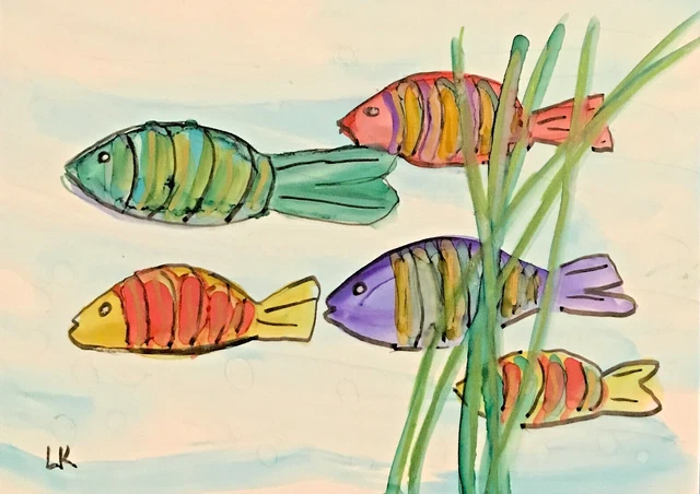 ACEO Original bright Fish contemporary art painting by Lynne Kohler 2.5x3.5"