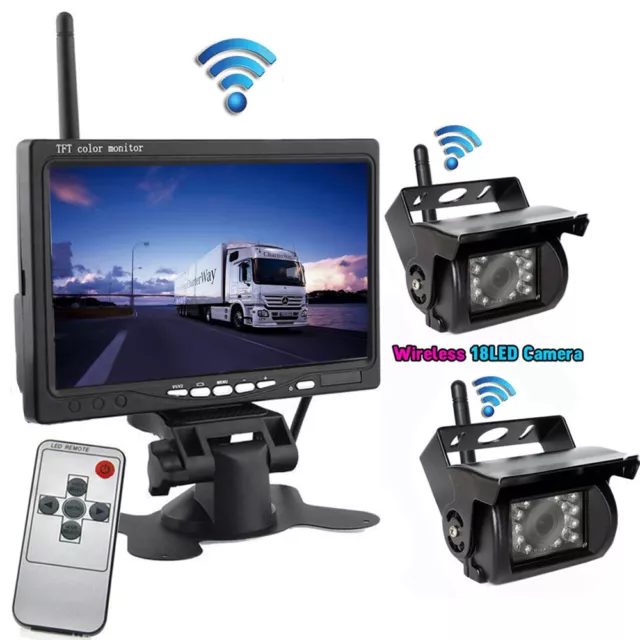 2x Wireless Reversing Camera w/ 7" Rear View Monitor for 12-24V Truck Caravan RV