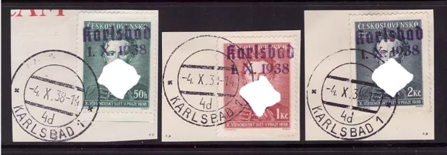 Besetzung II Weltkrieg Sudetenland Karlsbad 57-59 gestempelt Briefstück (21455)