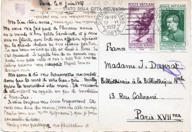 Vaticano - 1937 Storia Postale Cartolina Per Parigi Affrancata In Tariffa