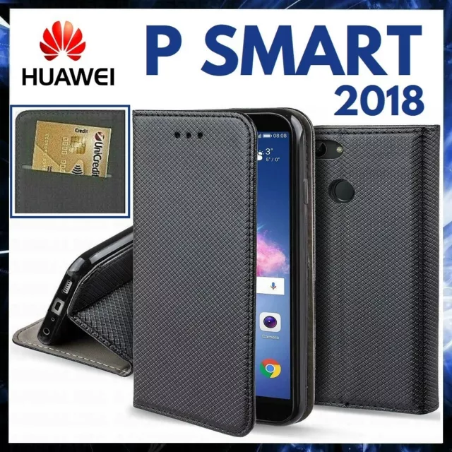 CUSTODIA A PORTAFOGLIO LIBRO per HUAWEI P SMART 2018 Cover in Pelle Nera PSMART