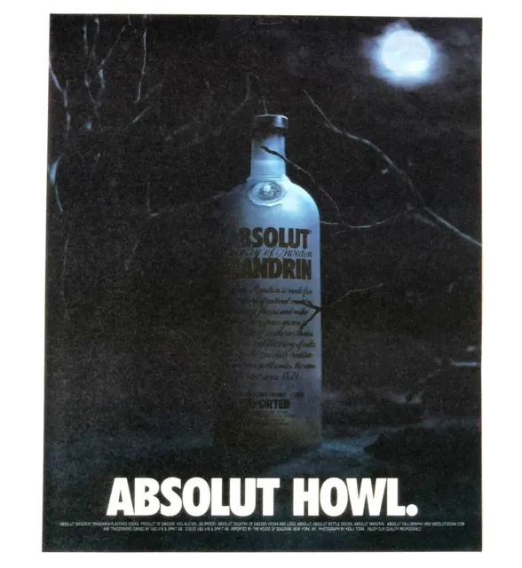 2000 Absolut Mandrin Vodka Advertisement Howl Scary Moon Halloween Vtg Print AD