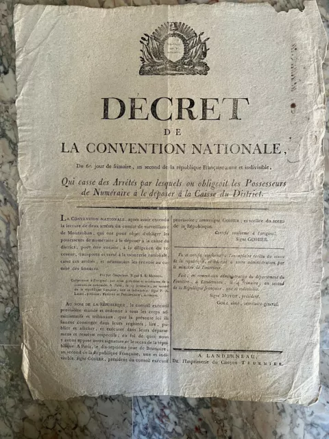 Affiche Décret Convention Nationale Gohier Montauban Landerneau Révolution 1793