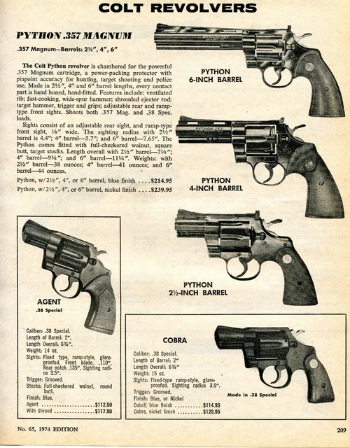 1974 PRINT AD of Colt Python 357 Magnum, Agent & Cobra 38 Special ...