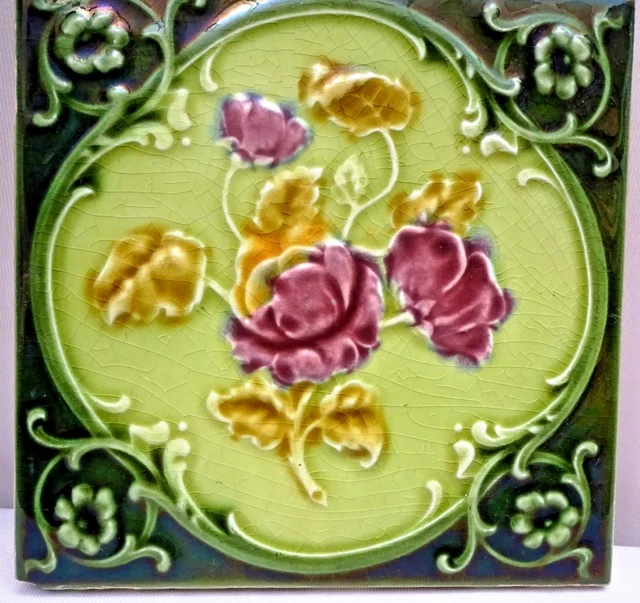 Vintage Tile England Majolica Art Nouveau Porcelain Architecture Collectible#121 2