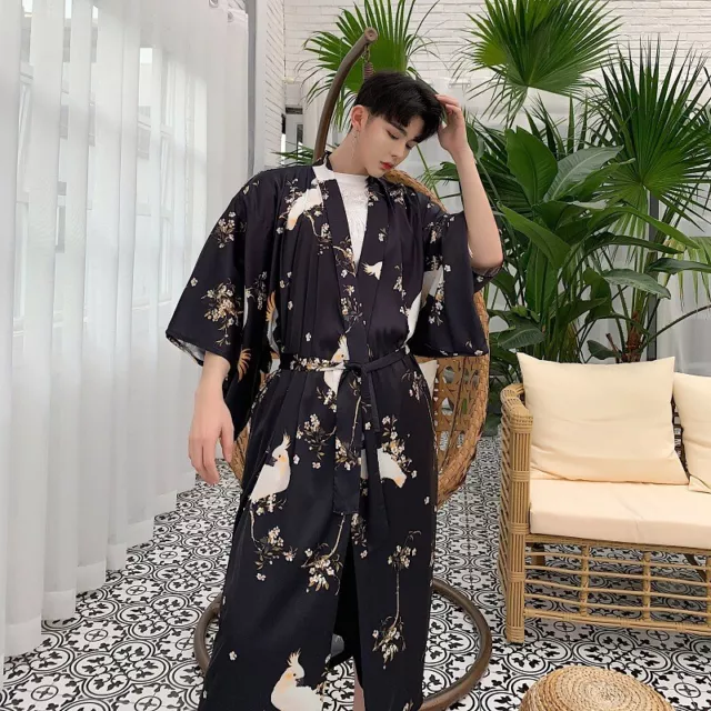 Japanese Unisex Men Long Top Kimono Cardigan Coat Lace Up Floral Printed Retro