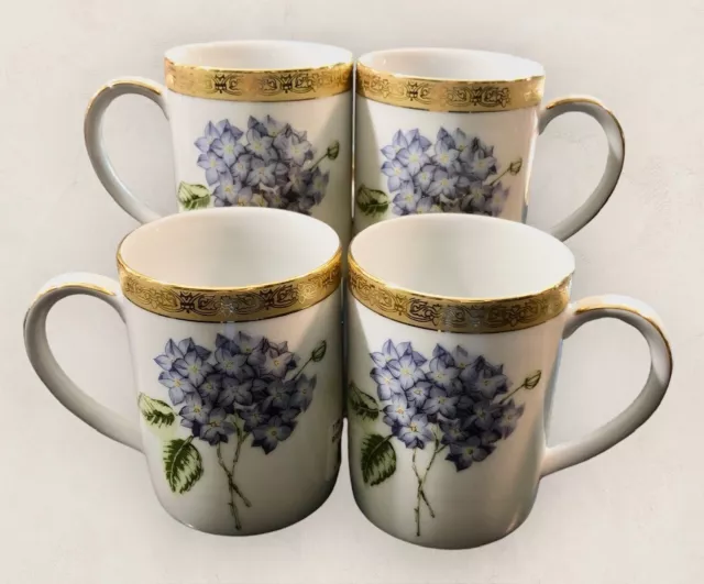 Timeless Treasures set 4 coffee mugs hydrangeas gilded 22kt gold 10 oz