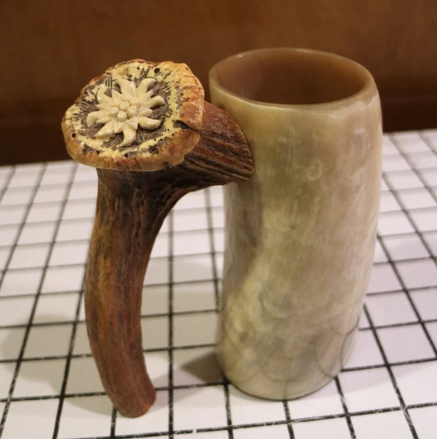 German Ale Horn Antler Handle And Hollowed Horn Cup Mug Stein