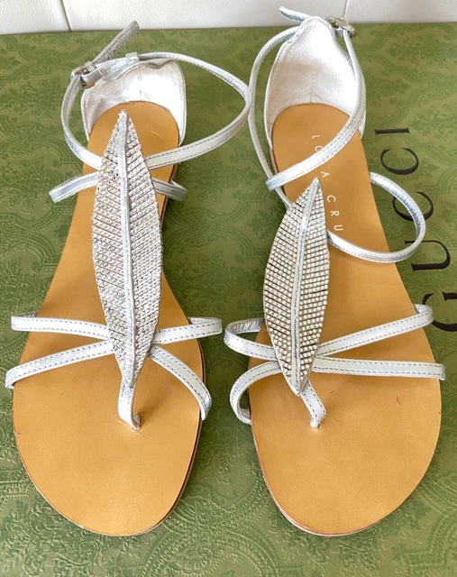 LOLA CRUZ  Silver Leather Crystal Ankle Strap Flat Sandals Sz 39