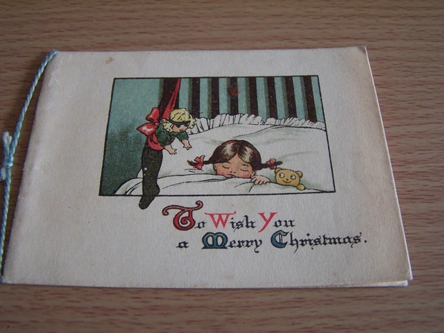 Vintage Girl & Bear in Bed with Doll in Stocking Christmas Greetings Card