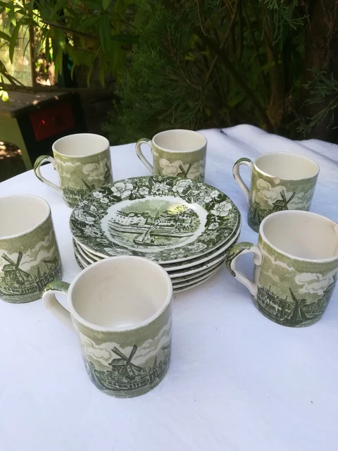 Lot 6 tasses à café en porcelaine anglaise anciennes + soucoupes-Palissy pottery