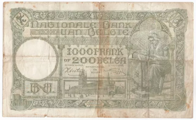 Belgique, 1000 Francs-200 Belgas, Grande Taille Billets de Banque, XF 2