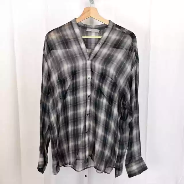 Vince Silk Shadow Plaid V Neck Button Front Top Shirt Twilight Gray Size L