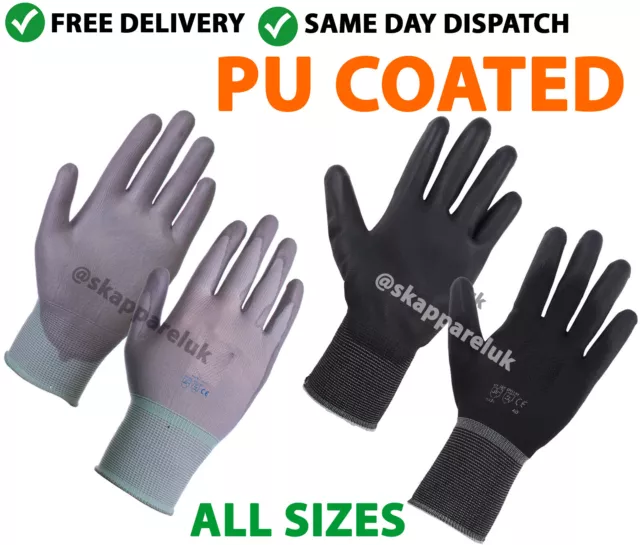 1, 12 or 24 PAIRS BLACK NYLON PU COATED SAFETY WORK GLOVES GARDEN GRIP BUILDERS