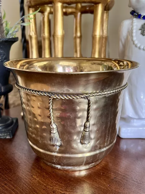 Vintage Rope And Tassel Design Hammered Brass Planter Pot