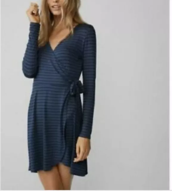 EXPRESS Striped Surplice Midi Wrap Dress Long Sleeve w/ Tie Blue V-Neck Large XS