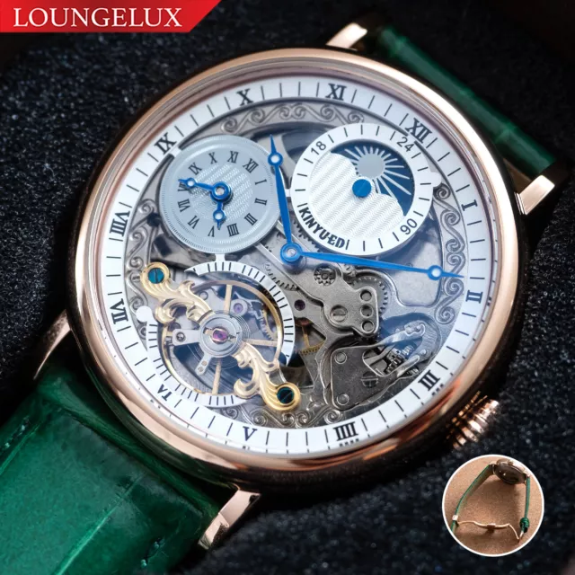 Mens Dual Time Skeleton Automatic Mechanical Watch Rose Gold Green Leather