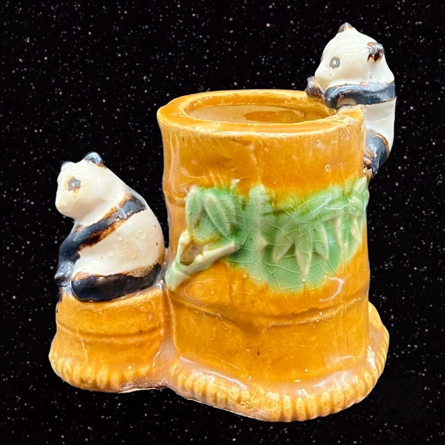 Vintage Ceramic Hand Painted Panda Bear Cub Hugging Tree Trunk Planter 4.5”W 4”T