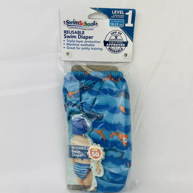 SwimSchool Reusable Swim Diaper Level 1 UPF 50 Blue Shark 12 Months 18-25 LBS