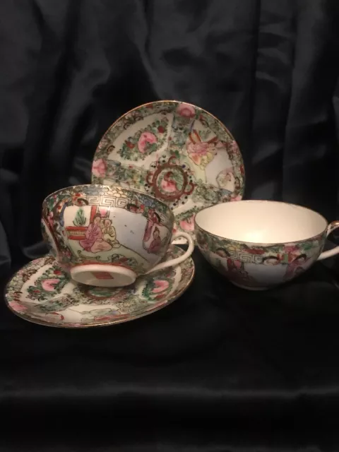 Chinese Export Pair Egg Shell Porcelain Rose Medallion Cups & Saucers Qianlong