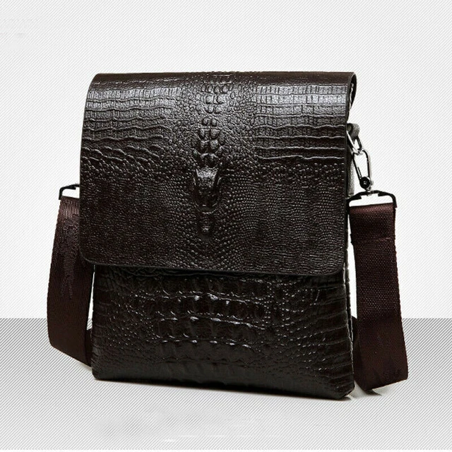 Men's Sling Shoulder Bag Leather Black Crocodile Crossbody Bag 10" Messenger Bag