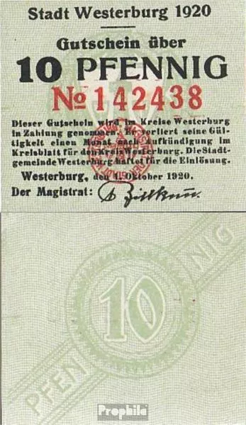 Banknoten Westerburg 1920 Notgeld: 10 Pf Notgeld der Stadt Westerburg bankfrisch