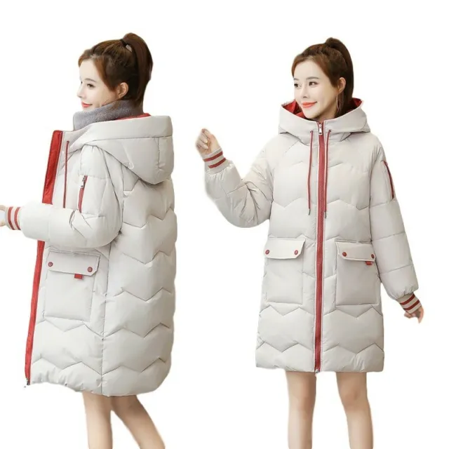 Hoodie Coat Women Mid Length Down Cotton Jacket Hooded Loose Fit Winter Warm