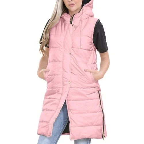 Gilet Matelassé Sans Manches Oversize Pour Femme - Rose Bébé Avec Capuche, 100% Polyester