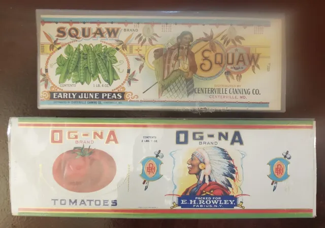 (2) Vintage Native American Lithographed Vegetable Labels-1930's-Squaw & OG-NA