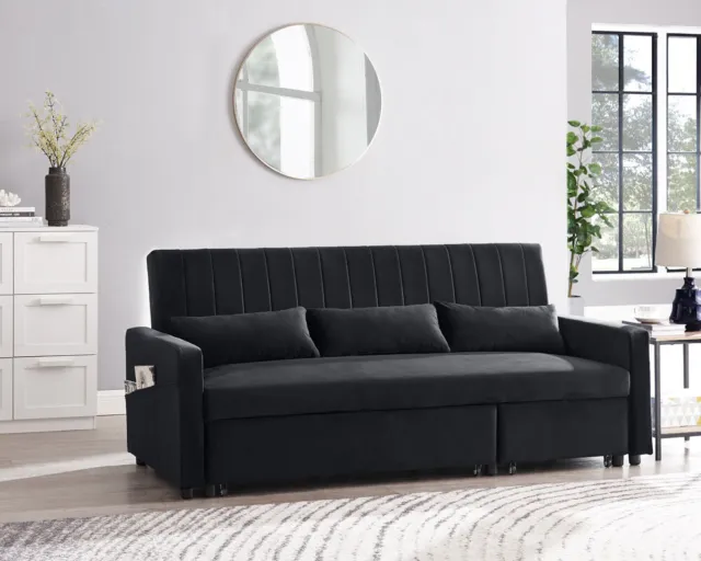 Sofa Bed Pull Out Velvet or Linen 3 Seater  Grey Blue Black Chaise Function