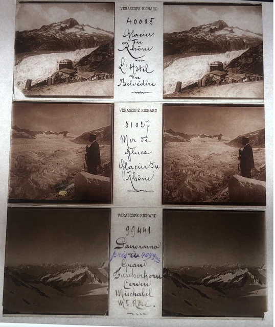 MER DE GLACE RHONE 3 PLAQUES VERASCOPE RICHARD VERRE VUES STEREOSCOPIQUES 45x107