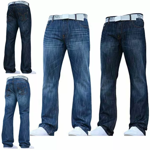 Kruze Denim Bootcut Jeans Mens Wide Leg Flare Pants Belted Trouser