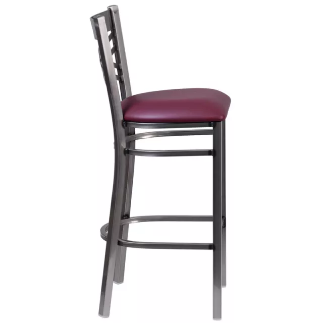 Clear Coated ''X'' Back Metal Restaurant Barstool with Burgundy Vinyl Seat 3